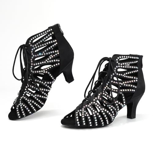 HIPPOSEUS Women's Rhinestone Latin Dance Boots Lace up Ballroom Salsa Dancing Booties2