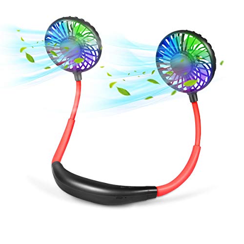MUDSHI Hands Free Portable Neck Fan, Rechargeable Mini USB Personal Fan with 3 Level Air Flow, 7 LED Lights, 360 Degree Adjustable Mini Fan for Home Office Travel Indoor Outdoor, Portable Neck Fan