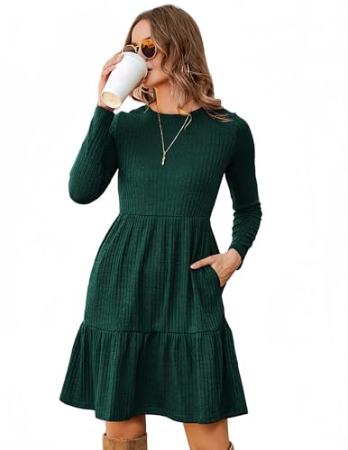 Zeagoo Señoras Vestido de Punto Elegante Vestido Casual de Otoño Un Color Manga Larga Longitud de la Rodilla Suéter-Vestido de Tejido Cuello Redondo Una Línea Suave Cómodo Jersey-Vestido Verde XL