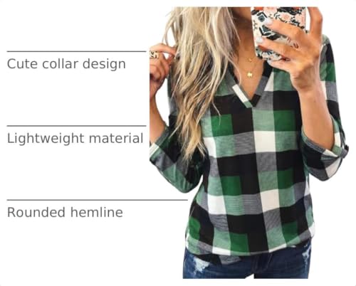 Image of Dokotoo Womens Tops Plaid Cotton Cuffed 3 /4 Sleeve Shirts Blouses