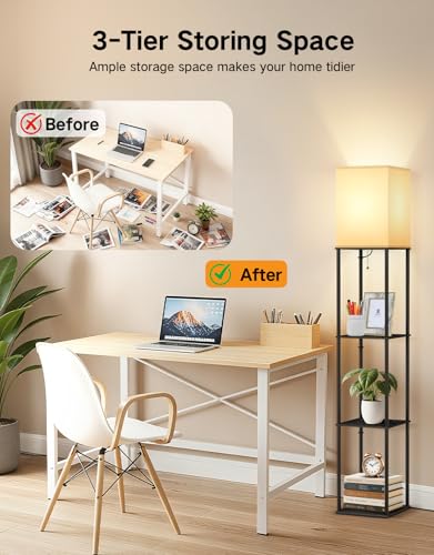 Image of OUTON Floor Lamp with Shelves, Modern Square Standing Shelf Lamp, Black | 3 Color Temperature Bulb, Storage Display Wood Column Tall Bookshelf Lamp for Living Room, Bedroom Office