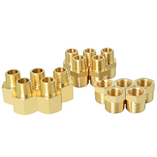 Gasher 15PCS Brass Pipe Fitting, Hex Bushing, Reducer Adapter, Reducing Hex Nipple 3/8 Inch NPT x 1/4 Inch NPT