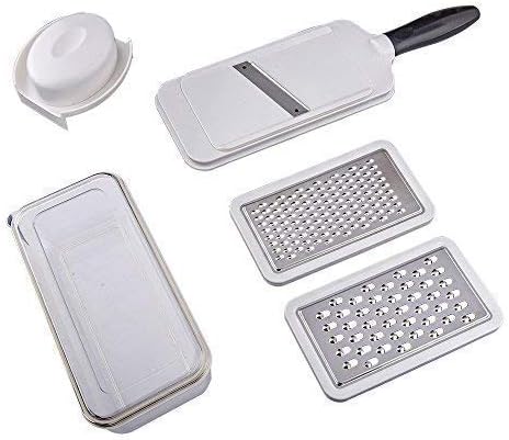 Hanns 6 in 1 Plastic and Stainless Steel Kitchen Grater Set for Vegetable, Julienne Slicer with Storage Box (with Container) & Safe Top Cover(Hand Guard), A321K, Black-White