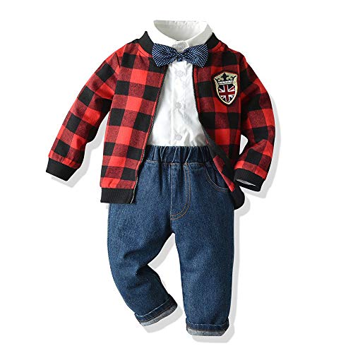 Moyikiss Studio Fashion Boys 3Pcs Outfits Long Sleeve Bowtie White Shirt+Plaid Outerwear+Jeans Casual Clothes Sets (Red, 70/6-12M)