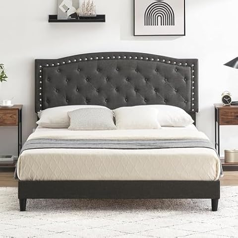 SunnyFurn Full Size Upholstered Platform Bed Frame, Bed Frame with Adjustable Button-Tufted Wing Back Headboard, Heavy-Duty Slats Support, No Box Spring Needed, Gray Cover