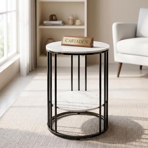 Image of CARTADEN Side Table, Small Round End Table with Lower Shelf, Nightstand for Small Spaces, Bedside Coffee Table for Living Room, Bedroom Black White