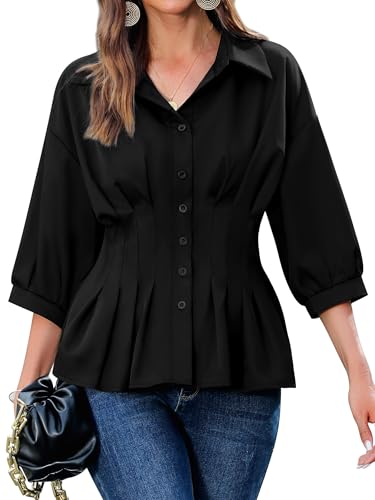 Women Pleated Peplum Blouse 3/4 Sleeve Button Down Cinched Waist Shirt Fitted Flattering Office Daytime Top