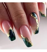 Dark Green Press on Nails Gel Glue on Nails for Manicure Art. Glossy Gold Glitter Acrylic False N...