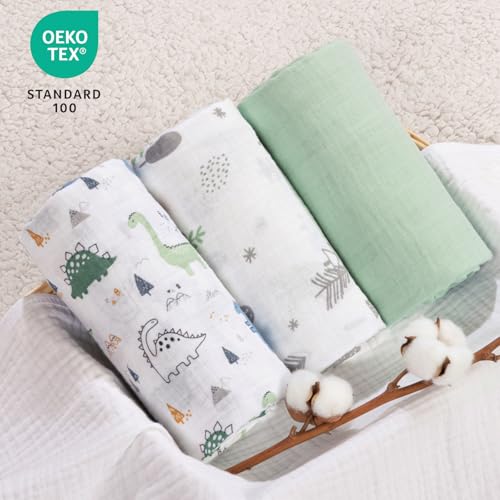 Image of david's kids 3 Pack Baby Muslin Swaddle Blankets, 100% Cotton and Ultra Soft Breathable Receiving Blanket Wrap for Boys Girls, New Born Essentials, Large 47 x 47 inches, Dinosaur