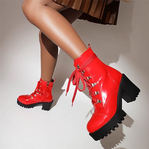 Betastella Lug Sole Platform Ankle Boots Lace Up Chunky Heeled Combat Boots Patent Leather Side Zip Booties 5