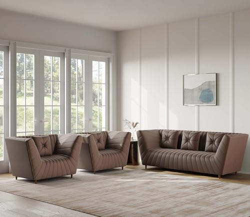 Image of Amazon Brand - Solimo Corell Tufted Velvet Fabric 3+1+1 Seater Sofa for Living Room Furniture (Brown)|3 Year Warranty