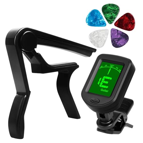 JINWEE Guitar Accessory Kit, Clip-On Tuner, Guitar Capo with 5 Picks(Black)