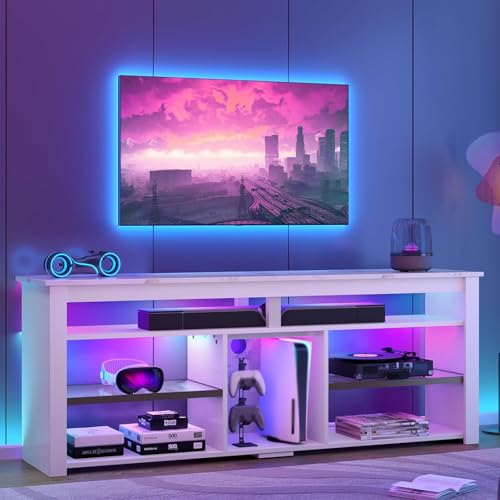 Bestier TV Stand for 70 inch TV, Tall Entertainment Center with 2 Led Lights, Gaming TV Console with Storage for PS5, Modern TV Cabinet for Bedroom, Living Room, White Marble