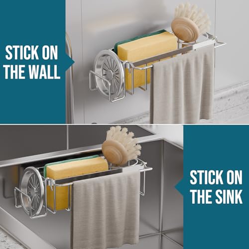 Image of TAILI 4-in-1 Sponge Holder for Kitchen Sink with Strong Suction Cup-Silver | Removable Rustproof 304 Stainless Steel Multi-compartment Sponge Holder with Suction Cup, Keeps Brushes & Scrubbers Tidy