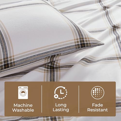 Image of Woolrich Cotton Sheet Set Cottage Charms Print, 100% Cotton Flannel Sheets Warm & Fuzzy Bedding Set Queen Size Sheets, Fitted Pocket Fits Up to 14 inch Mattress, Queen Tan Plaid 4 Piece