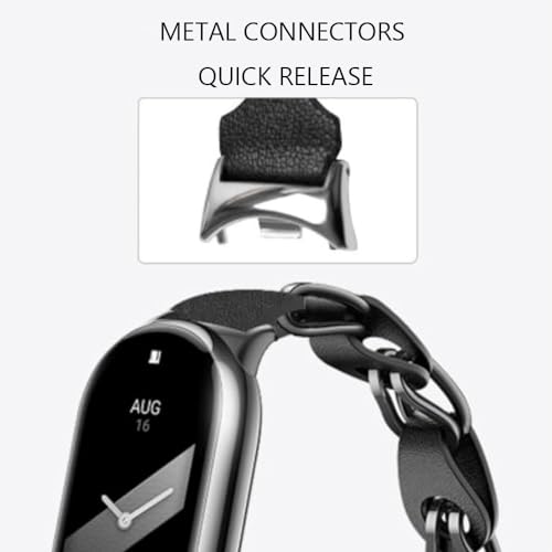 XIHAMA Compatible for Xiaomi Mi Band 9 Band,Replacement Strap Openwork Design Stainless Steel Ring Leather Chain Belt Mi band 8 Belt Breathable Elegant Replacement Band for Ladies (White Silver) - Image 4