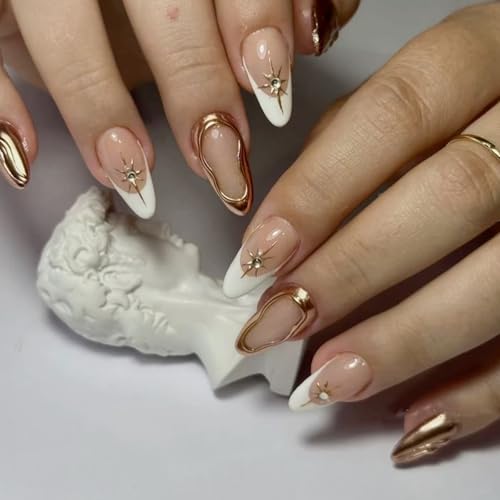 VOTACOS Gold French Tip Press on Nails Short Almond Nude Acrylic Fake Nails Press Ons with Designs Glitter 3D Line Star Glue on Nail for Women 24PCS Rhinestone Reusable Artificial Stick on False Nail — view 6