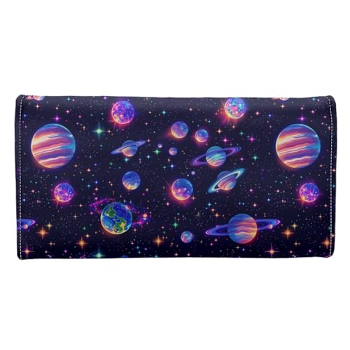 Image of AFPANQZ Planet Print Leather Wallets for Women RFID Blocking Checkbook Wallet with Cit Card Slots Phone Holder Zip Pocket, Buckle Closure, Ladies Purse