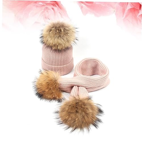 2PCS Warm Hat and Scarf Set with Hair Ball Thickened Knit Scarf and Beanie for Autumn Winter Activities for Boys and Pink2