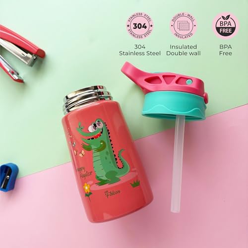 Image of PDDFALCON Stainless Steel 350ml Water Bottle for School Kids, Boys & Girls | Leak-Proof, BIS Certified, BPA free, Food grade, Made in India (Red)