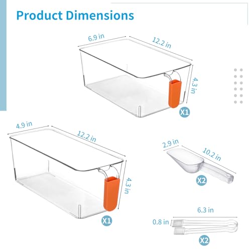 2 PCS Ice Bin with Scoop and Tong, Ice Bucket with Pull-out Handle for Freezer, 2 Sizes Clear Plastic Ice Container for DIY Drink Summer Party, 12.2 x 6.9 x 4.3 in, 12.2 x 4.9 x 4.3 in
