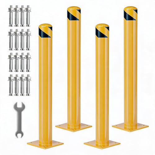 Image of GarveeLife Steel Safety Bollards Heavy Duty 48 Inch,2 Pack Yellow Bollard Post for Parking Lot & Garage - Removable Security Bollard Post with Reflective Tape, Anchor Bolts Included (4.5 inch Diameter)