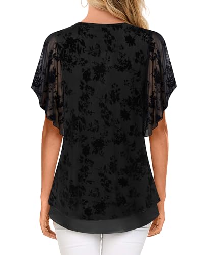 Furnex Blouses for Women Dressy Casual,Double Layers Mesh Elegant Summer Blouses,Short Sleeve V Neck Women's Tunic Tops3
