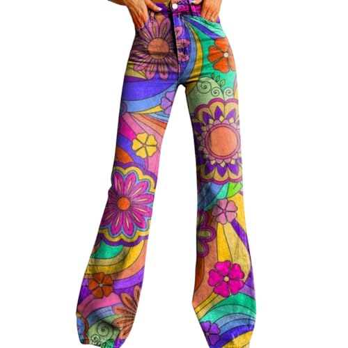 Women's Wide-Leg Flared Pants with Pockets high Waist Casual Denim Loose Retro Floral high Waist Loose