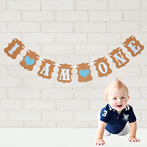 Image of 1st Birthday Banner Boy, I AM ONE - Easy to Use Upgrade for Boys' 1st Birthday Party Bunting Banner, Baby Shower Decorations in Blue