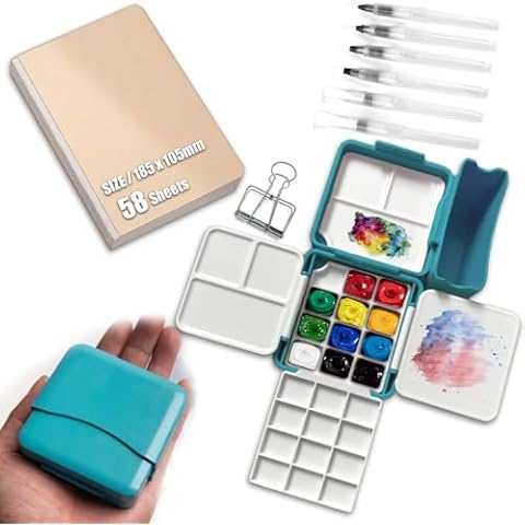 Facdiary Mini Travel Watercolor Set Pocket Artist Watercolor Travel Set Grid Palette Box Sketch Book Brush Pens with Binder Clips for Painters Artists Students (Blue) Cover