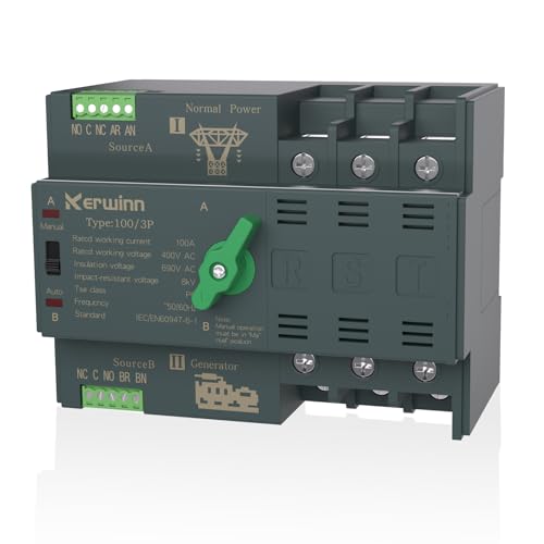 KERWINN Mini ATS Automatic Transfer Switch 100 amp Manual Transfer Switch Power Transfer Switch 220V Dual Power Electrical Selector Switches DIN Rail Mount(3P)