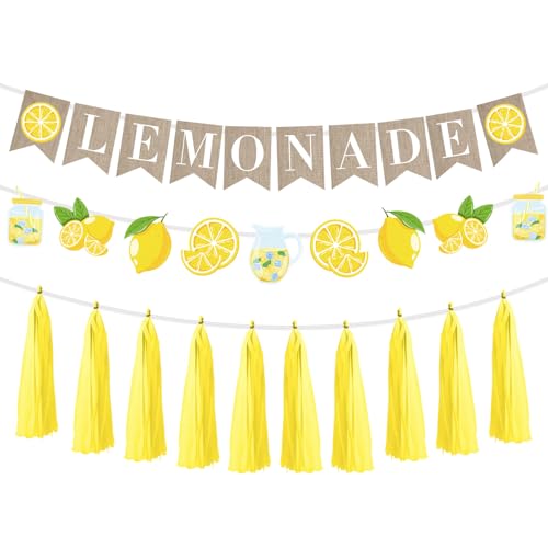 Image of Lemonade Stand Party Decorations - 3PCS Lemonade Stand Supplies for Kids Lemonade Banner Garland for Summer Lemonade Sign Tassels Lemon Themed Bridal Shower Birthday Party Supplies Decor