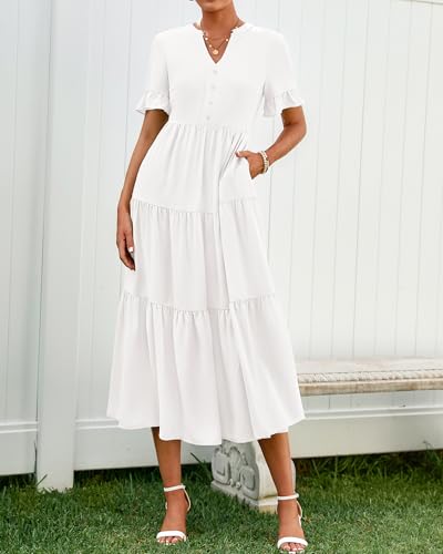 BTFBM Summer Dresses for Women 2025 Vacation V Neck Loose Short Sleeve A Line Tiered Flowy Casual Midi Beach Dress4