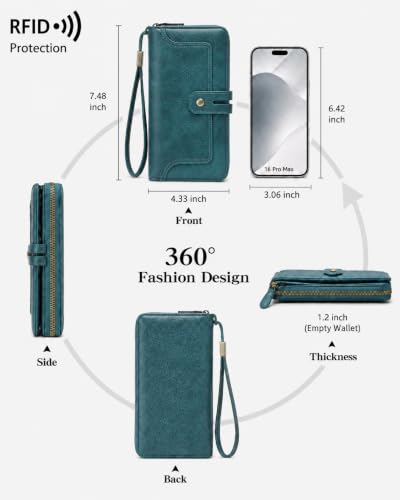 Image of Womens Wallet Rfid Blocking Bifold Leather Wristlet Cute Long Clutch Blue | Large Capacity Card Holder Wallet Purse with Zipper,ID Window,Strap for Female Ladies Teen Girls