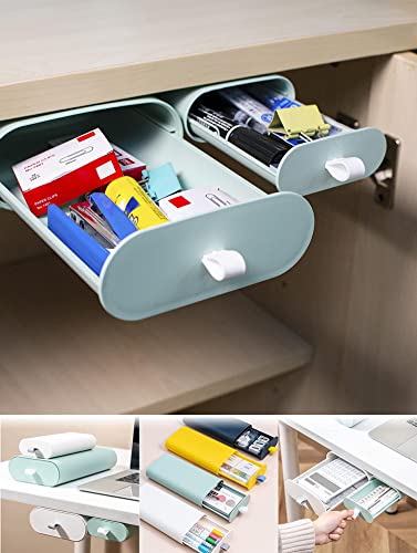 Lot de 2 boîtes de rangement autocollantes sous le bureau, tiroir à suspendre avec poignée pour téléphone portable, stylos, clés. Vert Cover