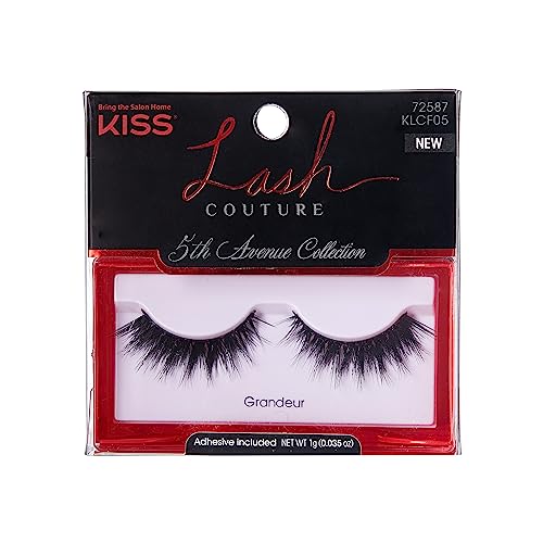 KISS Lash Couture 5th Avenue Collection False Eyelashes with Handcrafted Silk-Like Fibers, Reusable, Contact Lens Friendly, Style Grandeur, Includes Adhesive lash glue and 1 Pair Fake Lashes Black