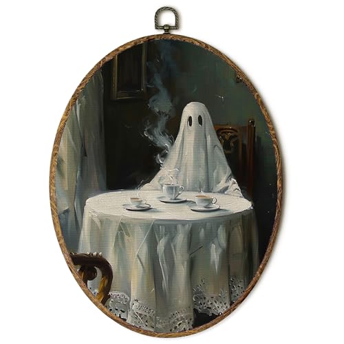EGVQK Funny Ghost Halloween Oval Wall Art Decor, Ghost Drinking Coffee Framed Canvas Prints Wall Art, Dark Academia Moody Oval Canvas Hanging Decor for Halloween Decorations Indoor, 8.5x11.5in