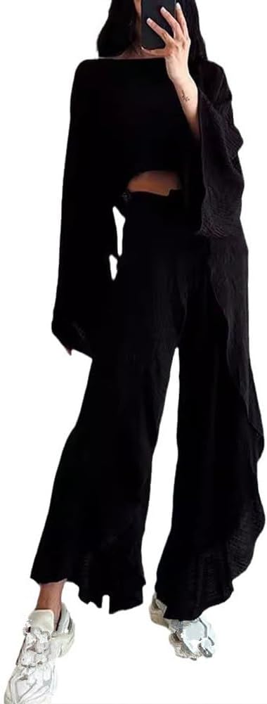 Women's Fashion Two Piece Set Long Sleeved Loose Short Top and High Waist Ruffled Slit Pants