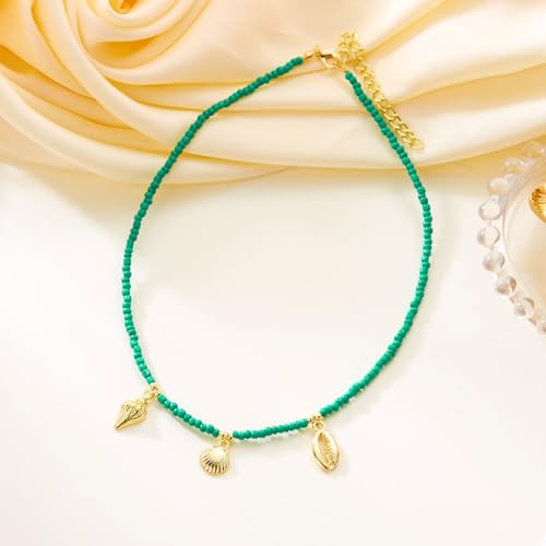 RINHOO Handmade Seashell Starfish Necklace Bohemian Beach Necklaces for Women Summer Shell Beaded Choker Necklace Party Holiday Jewelry (Style 8-green beads) — view 4
