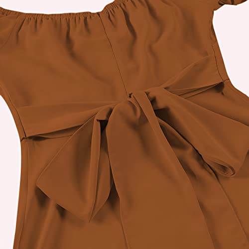 Image of LYANER Women's Off Shoulder Wrap Ruffle Puff Short Sleeve Ruched Tie Back Dress