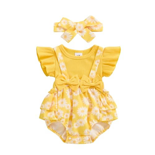 Newborn Baby Girl Outfit Fly Sleeve Floral Romper Dress Headband Infant Cute Summer Clothes Set