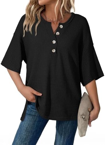 Dokotoo Womens Summer Tops Casual Waffle Knit Short Sleeve Henley Shirts Oversized 1/4 Button Neck Tunic Blouses