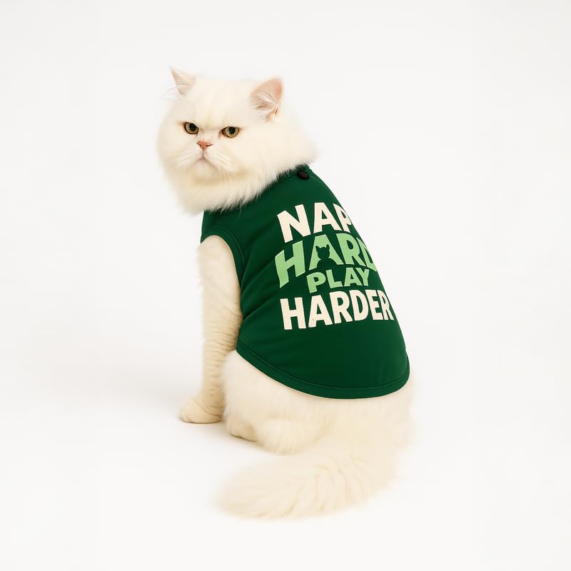 Image of Thunder Tails Printed Cat T Shirt for Cats and Kittens | Breathable Cotton Cat Clothes with Round Neck | Pet Dress for Small to Large Cats Apparel (Nap Hard, Play Harder, L)