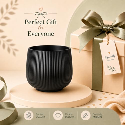 Image of Xtore Sleek Ribbed Black Planter Pot for Indoor Plants | Modern Textured Flower Pot for Home & Office Decor, Tabletop & Shelf Styling (Black, 14 cm x 13.5cm)