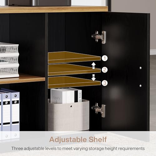 Tribesigns 85.8-Inch L-Shaped Executive Desk, Extra Large Modern Office Desk with File Drawers, Door Cabinet & Shelves, Commercial Office Table, Home Business Workstation, Brown & Black