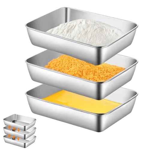 3-teiliges Panierschalen-Set 25x19x5cm, Edelstahl Panier-Set, Panierstraße Schnitzel, Panierstrasse Rechteckige Schalen für Schnitzel, Fisch, Fleisch und Gemüse, Stapelbar und Rostfrei, für Panieren