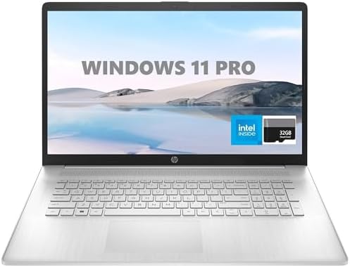 HP 17 Laptop, 17.3” HD+, Intel Quad Core i3-1125G4 Processor, 32GB RAM, 1TB SSD, Windows 11 Pro, Anti-Glare Display, Long Battery Life, Wi-Fi, Bluetooth, Webcam, HDMI, Alpacatec Accessories, Silver