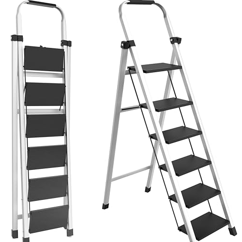 Foldable 6-Step Ladder Folding Step Stool with Wide Anti-Slip Pedal 160KG Capacity Sturdy Steel Ladder Lightweight Space-Saving Safe & Stable Portable Step Stool for Indoor/Outdoor Use