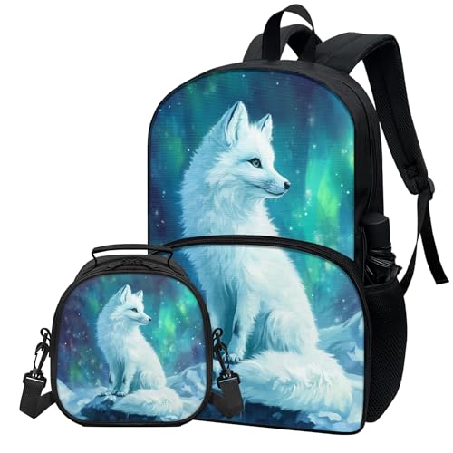 Pinupub Cute White Fox Backpack And Lunch Box Set for Girls Funny Graphic 17 Inch Sturdy Student Bookbag with Insulated Lunch Bag Kids Soft Zipper School Backpacks2