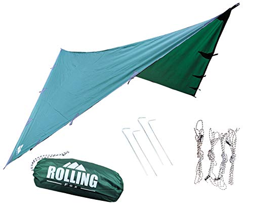 Rolling Fox Tarp Shelter Waterproof Lightweight Hammock Camping and Survival Tarp Shelter (Dark Green, 360x280 cm)